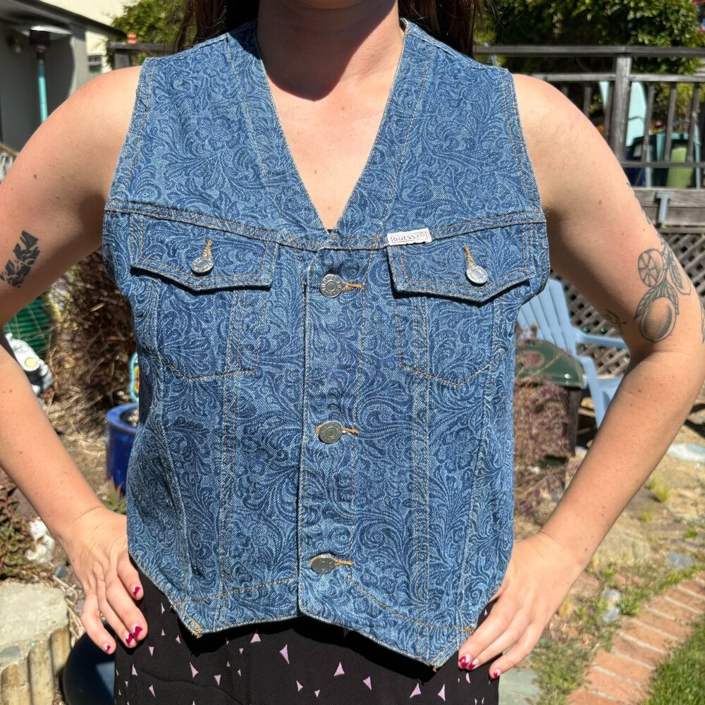 Vintage Guess by Georges Marciano crop denim vest paisley pattern